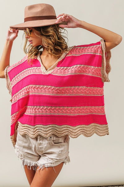 Multicolored Striped Knit Top - Fushsia/Blush