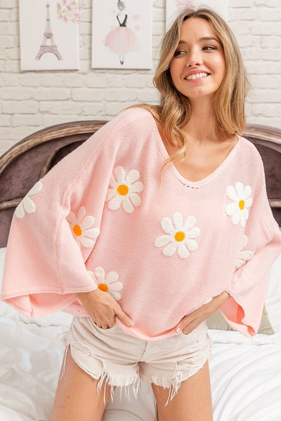 Flower Embroidered Knit Top - Blush