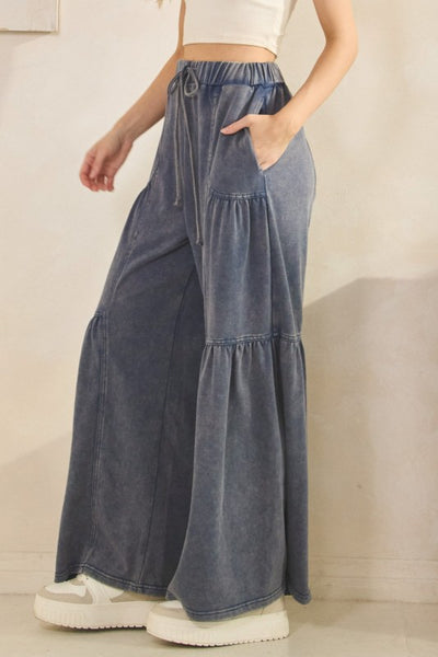 Tiered Wide Leg Drawstring Pants - Denim Blue