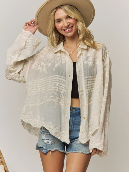 Embroidered Sheer Button Down Blouse - Beige