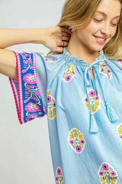 Boho Bloom Border Print Top - Blue