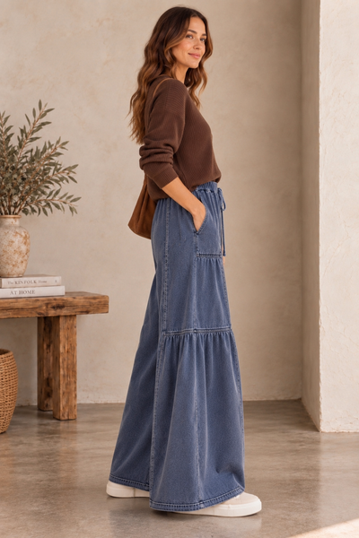 Tiered Wide Leg Drawstring Pants - Denim Blue