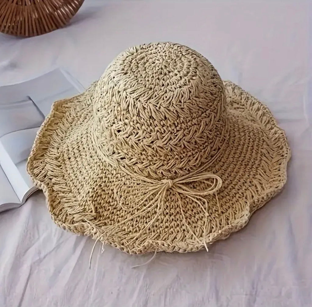 Bohemian Crochet Straw Sun Hat - Beige