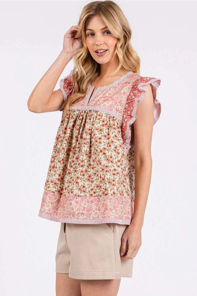 Patchwork Flower Print Ruffle Sleeve Top - Rose Pink