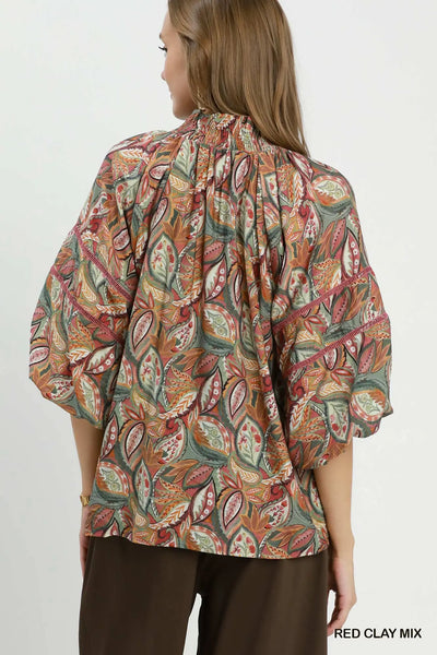 Mix Botanical Print Puff Sleeve Blouse - Red Clay