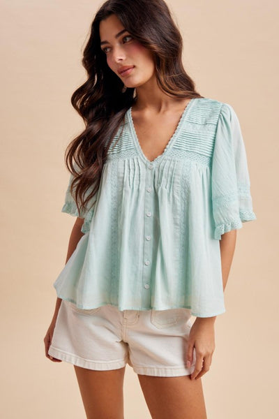Pintuck Pleated Button Down Blouse - Mint
