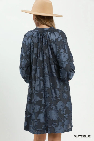 Velvet Floral Textured Babydoll Dress - Slate Blue