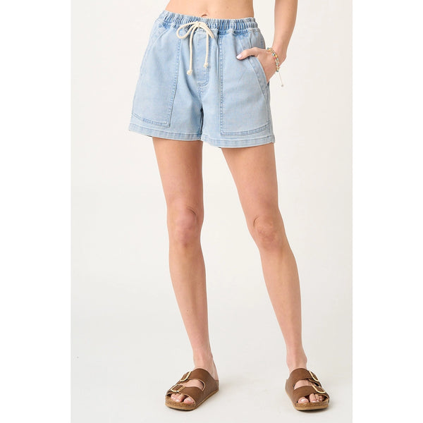 Denim Drawstring Patch Pocket Shorts - Lightwash