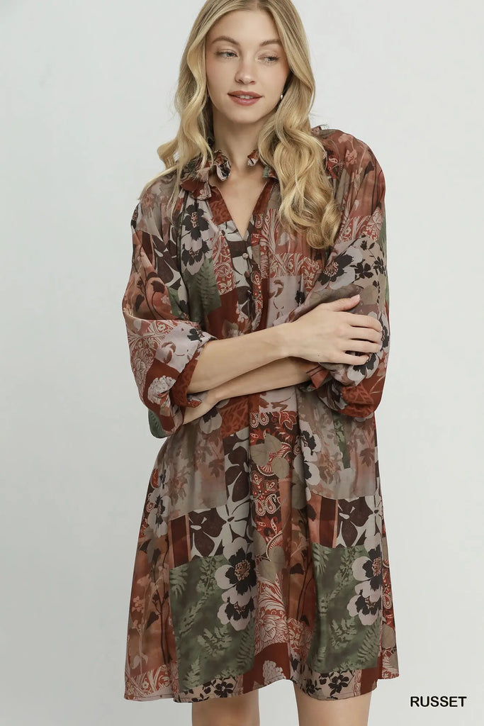 Mixed Floral Print Dress - Russet