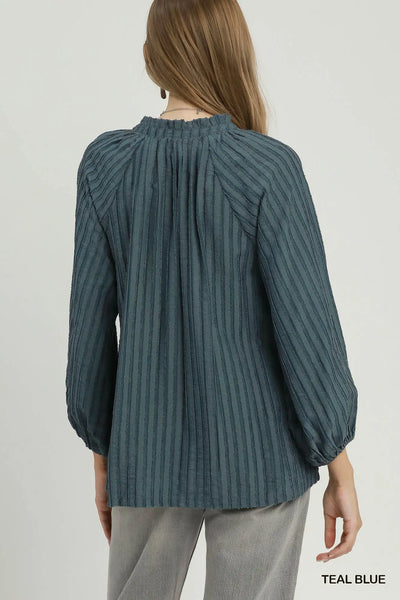 Textured Tie Neck Blouse - Teal Blue