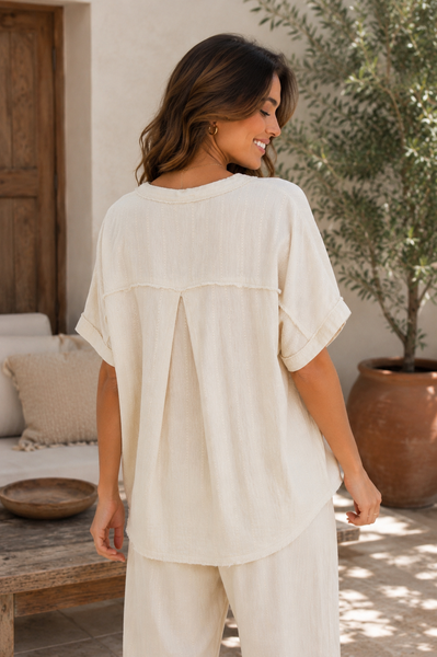 Mineral Washed Floral Eyelet V-Neck Top - Natural