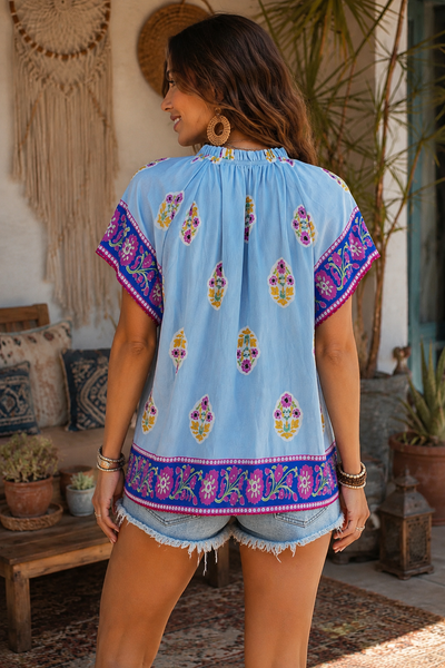 Boho Bloom Border Print Top - Blue