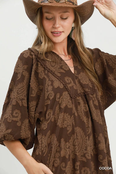Paisley Print Puff Sleeve Babydoll Dress - Cocoa
