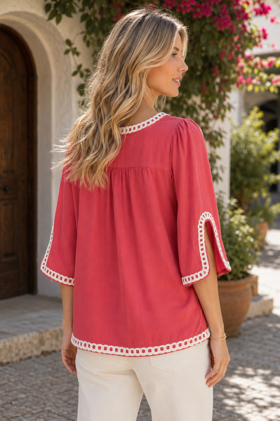 3/4 Sleeve Embroidered Top - Raspberry