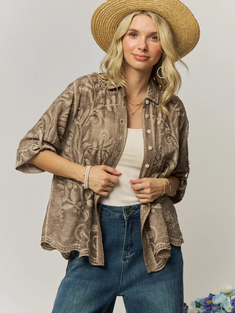Vintage Boho Embroidered Button Down Blouse - Mocha