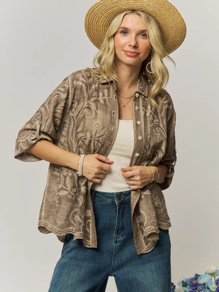 Vintage Boho Embroidered Button Down Blouse - Mocha