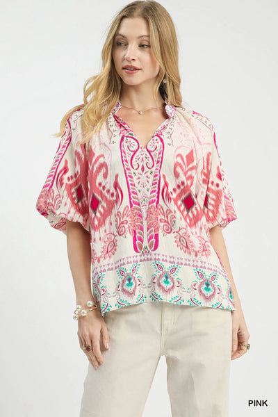 Boho Border Print Top - Pink