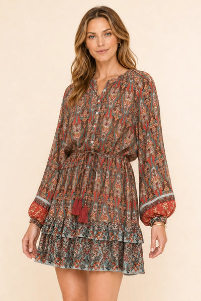 Boho Paisley Print Tiered Dress - Brick