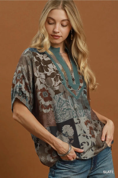 Mixed Floral Patchwork Top - Slate