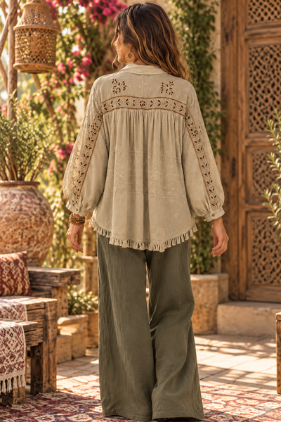 Embroidered Boho Button Down Blouse - Natural