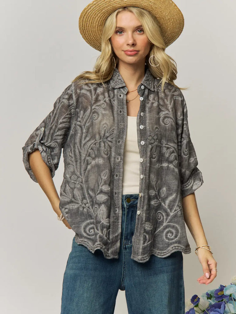 Vintage Boho Embroidered Button Down Blouse - Great