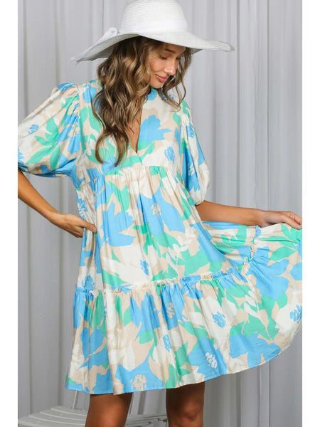 Floral Print Babydoll Dress - Blue
