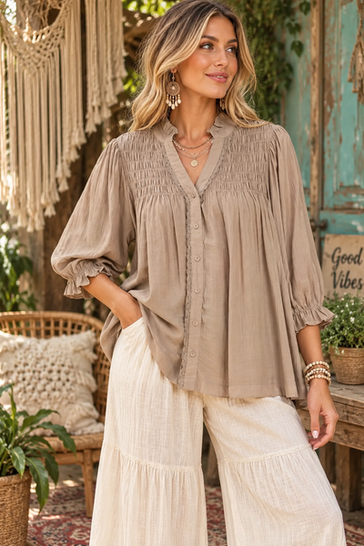 Smocked Yoke Button Front Blouse - Mushroom