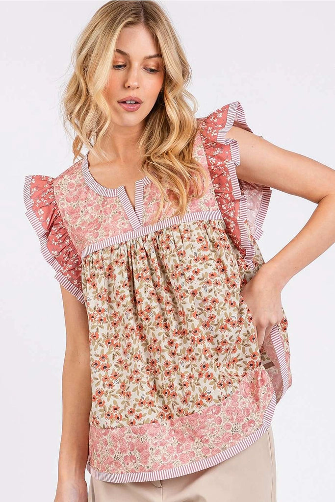 Patchwork Flower Print Ruffle Sleeve Top - Rose Pink