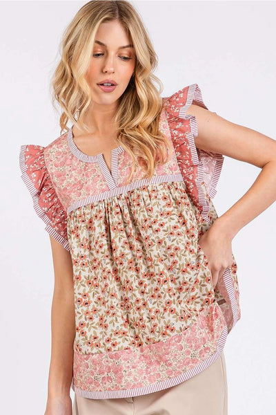 Patchwork Flower Print Ruffle Sleeve Top - Rose Pink