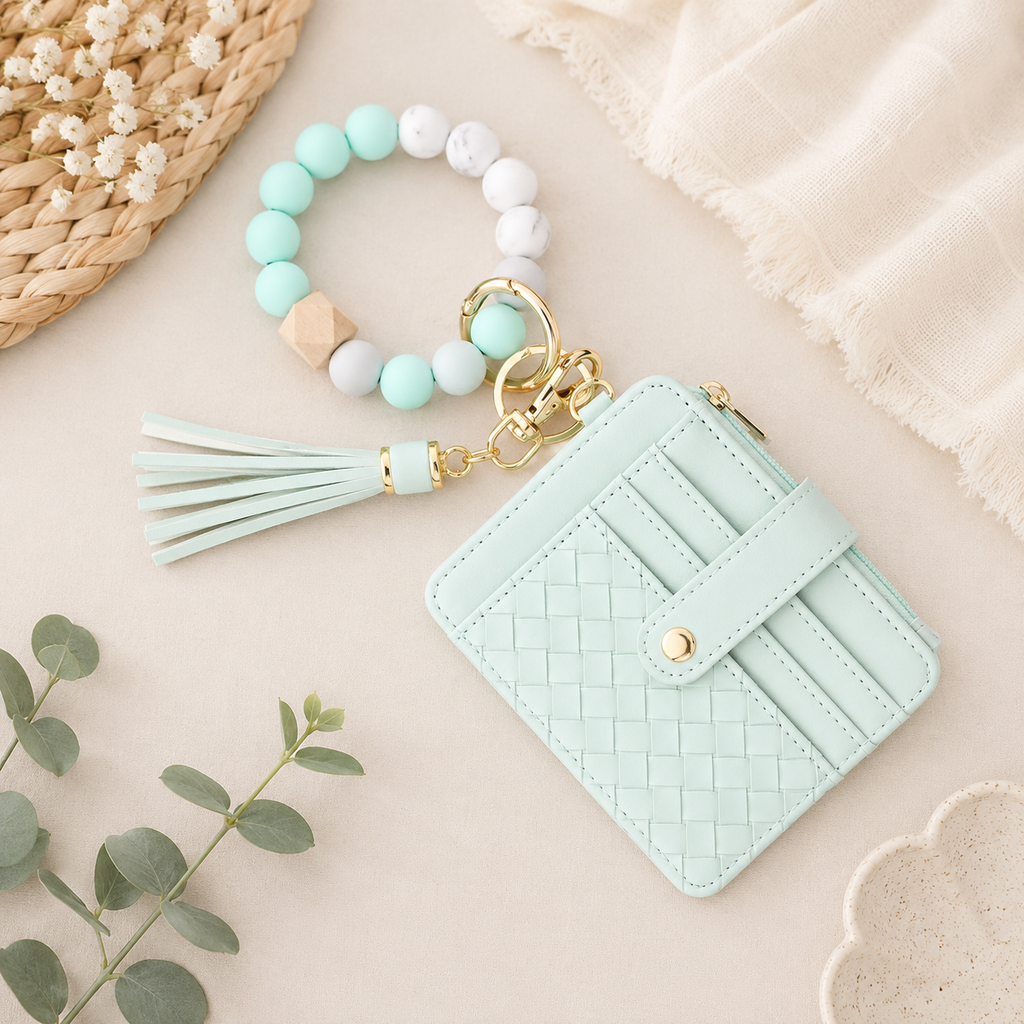 Quilted Beaded Keychain Bracelet Wallet - Seafoam