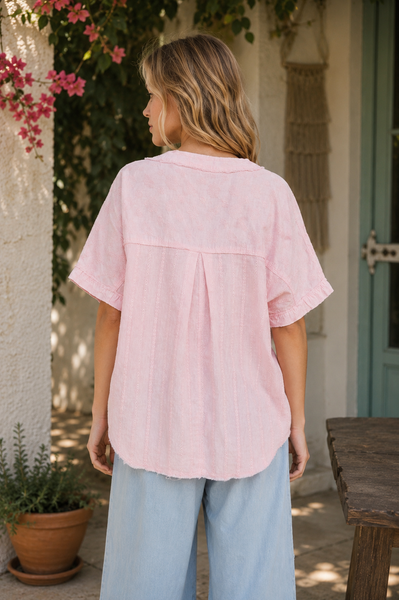 Mineral Washed Floral Eyelet V-Neck Top - 
Pink