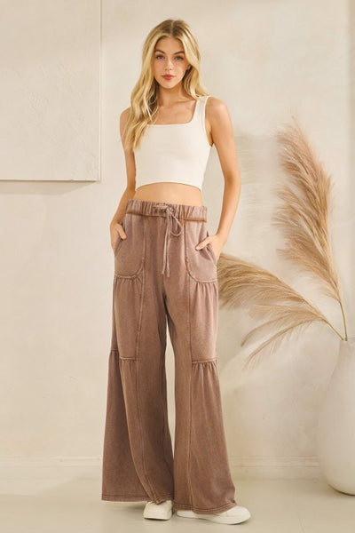 Tiered Wide Leg Drawstring Pants - Brown