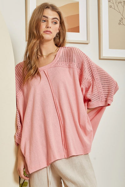 Knit Top w/ Crochet Contrast Sleeves - Coral