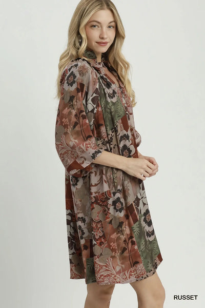 Mixed Floral Print Dress - Russet