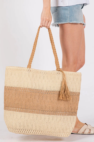 Two Toned Woven Straw Tote Bag - Taupe