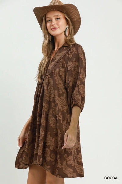Paisley Print Puff Sleeve Babydoll Dress - Cocoa