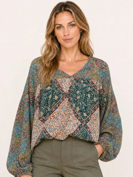 Boho Patchwork Paisley Blouse - Multi