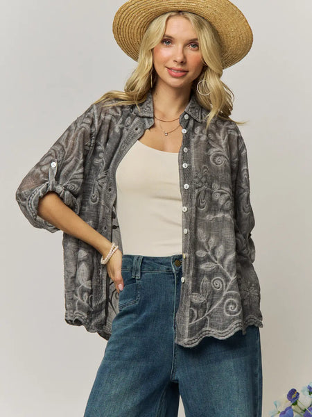 Vintage Boho Embroidered Button Down Blouse - Great