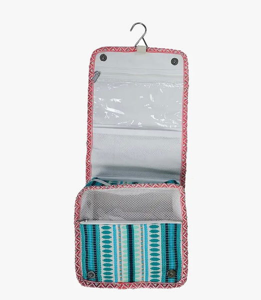 Mary Grace Striped Cotton Toiletry/Cosmetic Bag - Teal/Pink