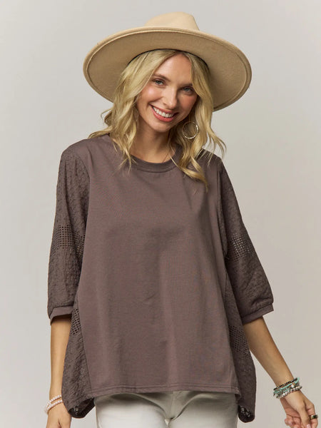 Chic Batwing Sleeve Mesh Top - Grey Brown