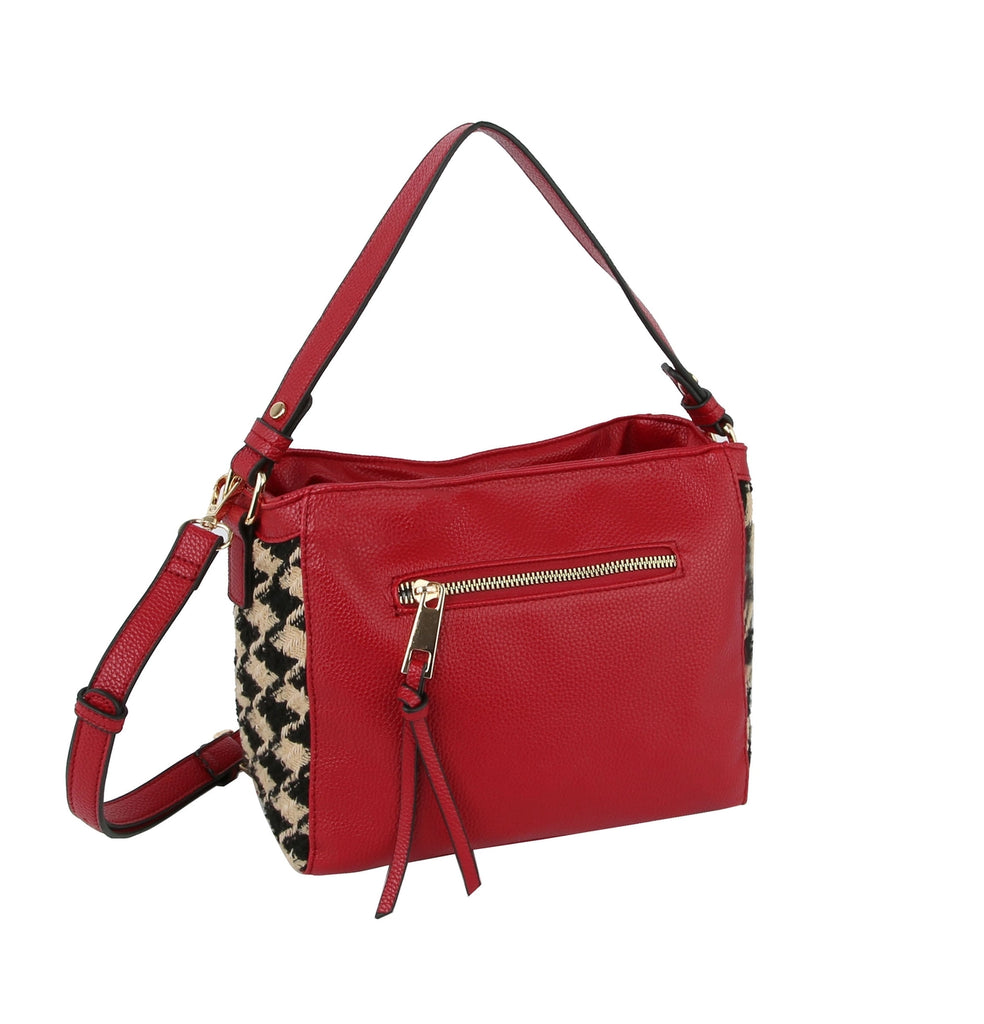 Houndstooth Detailing Handbag -Red
