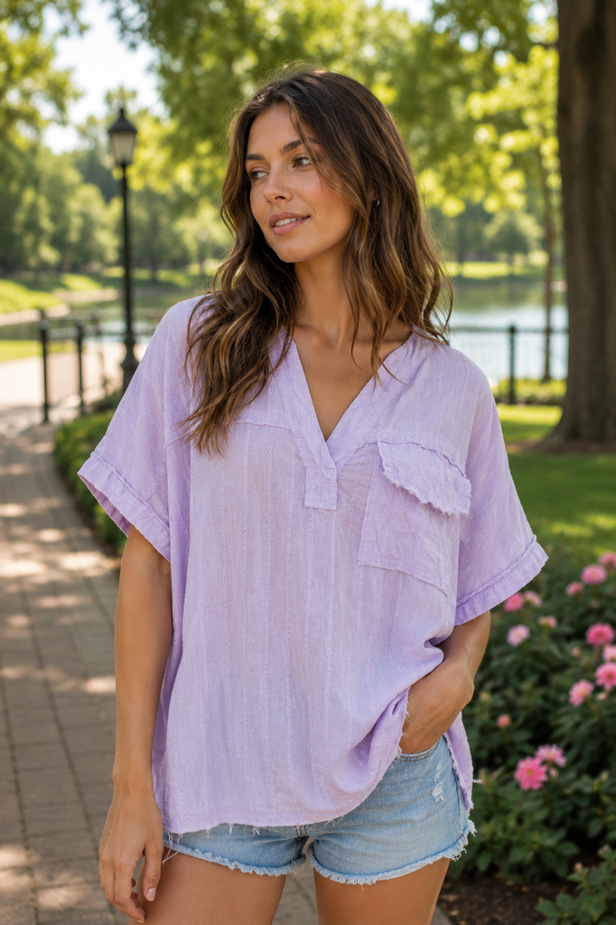Mineral Washed Floral Eyelet V-Neck Top - Light Lavender
