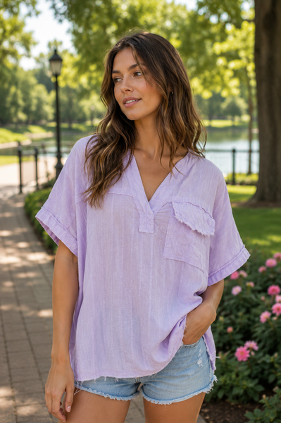 Mineral Washed Floral Eyelet V-Neck Top - Light Lavender
