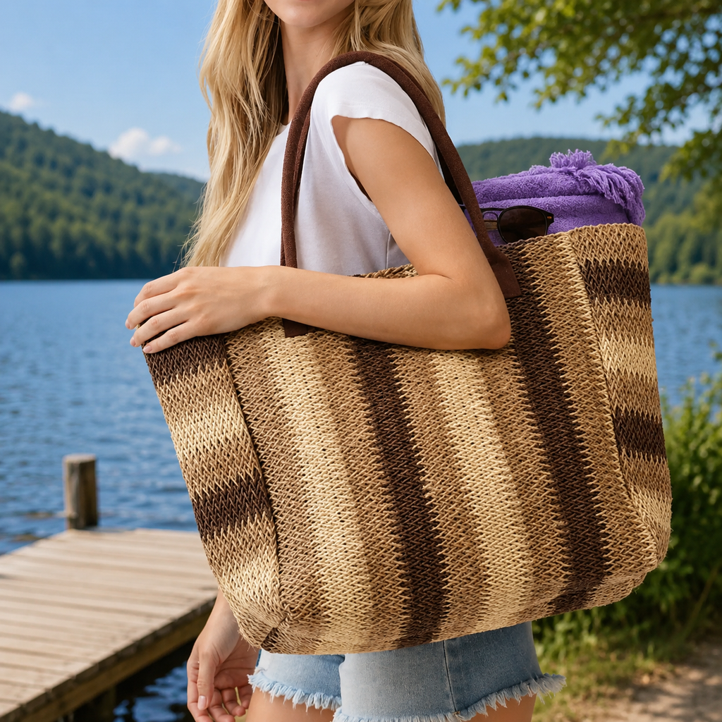 Multi Color Stripe Straw Tote Bag - Brown