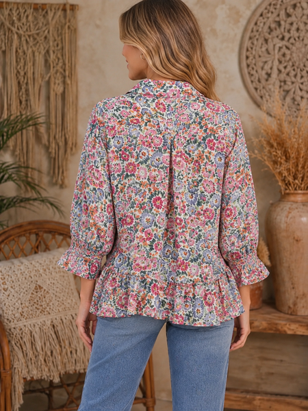 Button Front Collared Printed Floral Ruffled Top - Ivory Multi