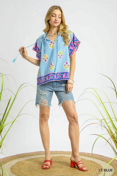 Boho Bloom Border Print Top - Blue