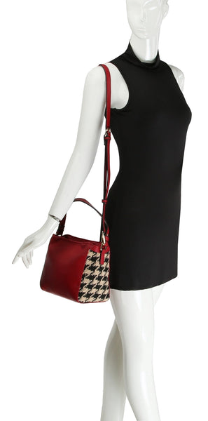 Houndstooth Detailing Handbag -Red