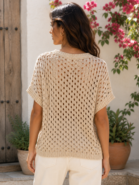 Open Knit Short Sleeve Sweater - Latte