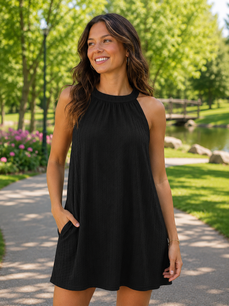 Textured Sleeveless Dress - Black