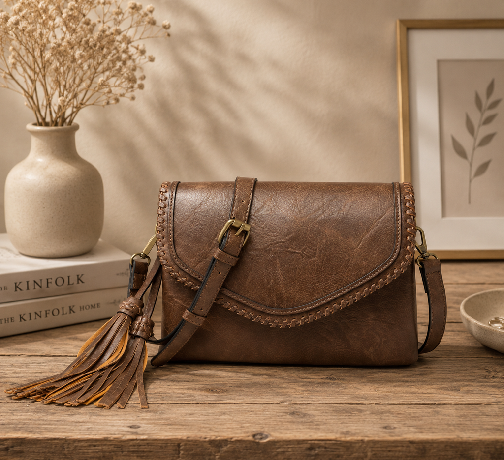 Flap over Crossbody w/ Whipstitch - Coffee